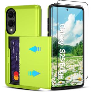 Compatible with Samsung Galaxy S25 Edge Case with Card Holder Dual Layer Heavy Duty Protective Shockproof Hidden Card Slot Slim Wallet Phone Cover for S25 Edge Phone Case (Neon Green)