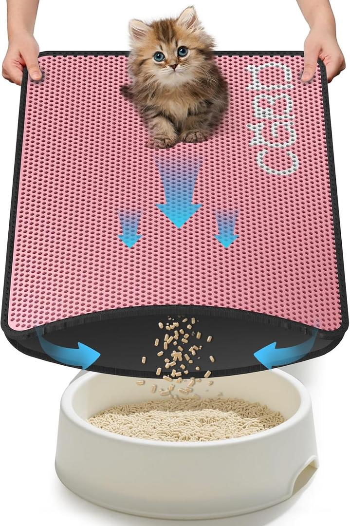 Cat Litter Mat - Double Layer Honeycomb Design Litter Trapping Mat, Urine-Proof & Non-Slip, Easy Clean Waterproof Litter Box Mat, Kitten Supplies and Essentials, 30x24 inch, Pink