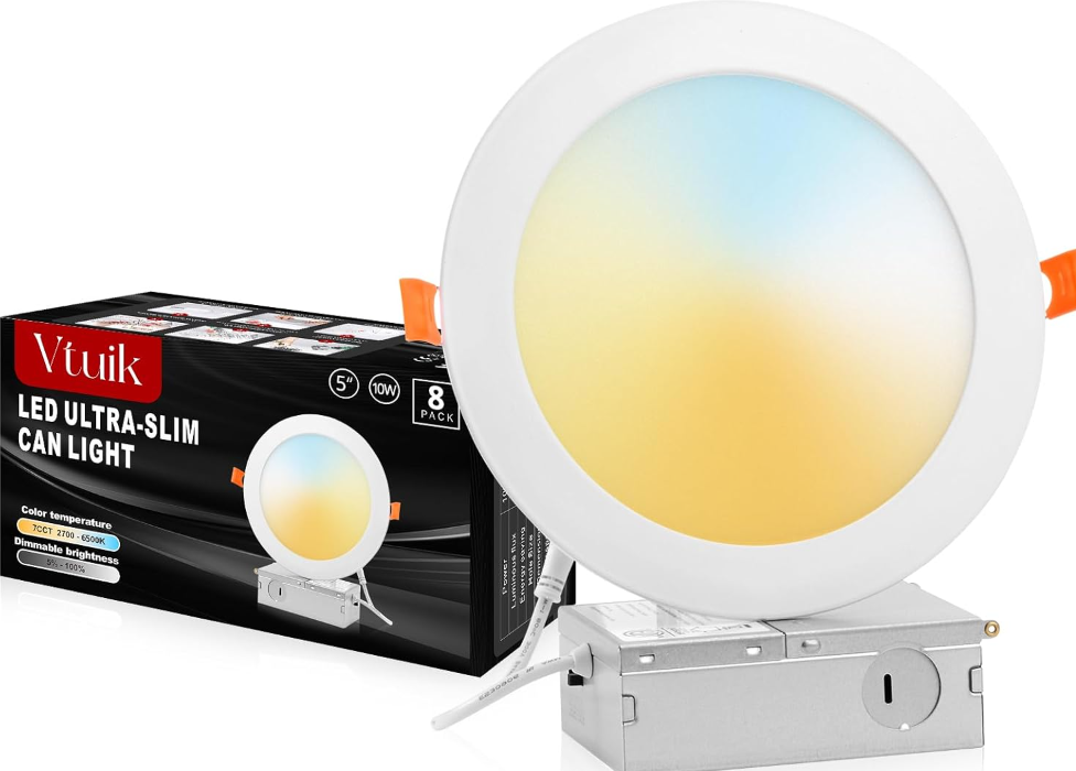 Vtuik 5 Inch LED Recessed Ceiling Light, Dimmable Canless Wafer Downlight, 7CCT 2700K-6500K for Kitchen Living Room Basement Bathroom, Ultra Thin with Junction Box, Damp-Rated, 1 Pack