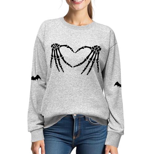 Halloween Sweatshirts for Women:Skull Graphic Crewneck Long Sleeve Tops Lightweight Pullover Sweatshirts Grey, Medium