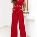 PRETTYGARDEN Women's Summer 2 Piece Outfits 2026 Cap Sleeve V Neck Belted Crop Tops Wide Leg Pant Sets Casual Tracksuit (Red, XL)