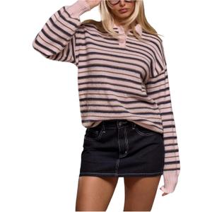 RoseSeek Women's Striped Lightweight Golf Sweaters Long Sleeve Collared Button Loose Fit Pullover Tops (XL)