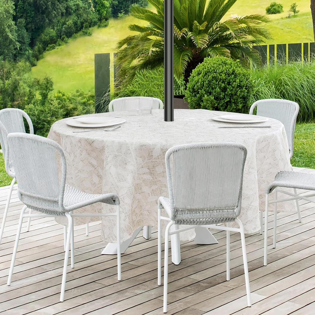 Abstract Leaf Outdoor Round Tablecloth with Umbrella Hole, Waterproof Table Cloth Hidden Zipper Outdoor Party Cafe Decorative Table Cover Wrinkle Free Spillproof (70" Round, 6-8 Seats, Beige, 1 Piece)