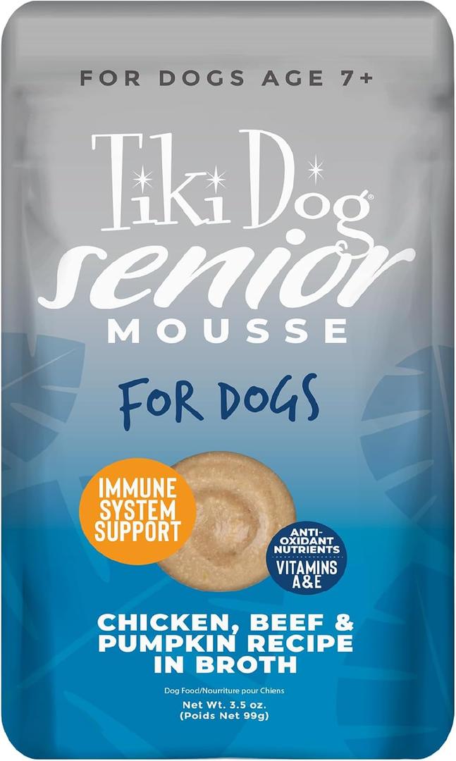 Tiki Dog Senior Mousse Wet Dog Food, Chicken, Beef & Pumpkin, 3.5 oz. Pouch (EXP 05/23/27)