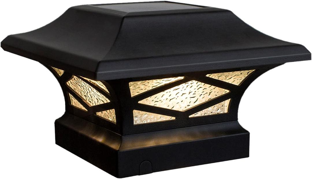 Classy Caps SLK807B Black, Kingsbridge Dual Lighted Solar Post Cap - Versatile Outdoor Deck & Fence Lighting, Fits 3.5x3.5, 4x4, 5x5, and 5.5x5.5 Posts, Black Aluminum, Real Glass, Warm White Light.