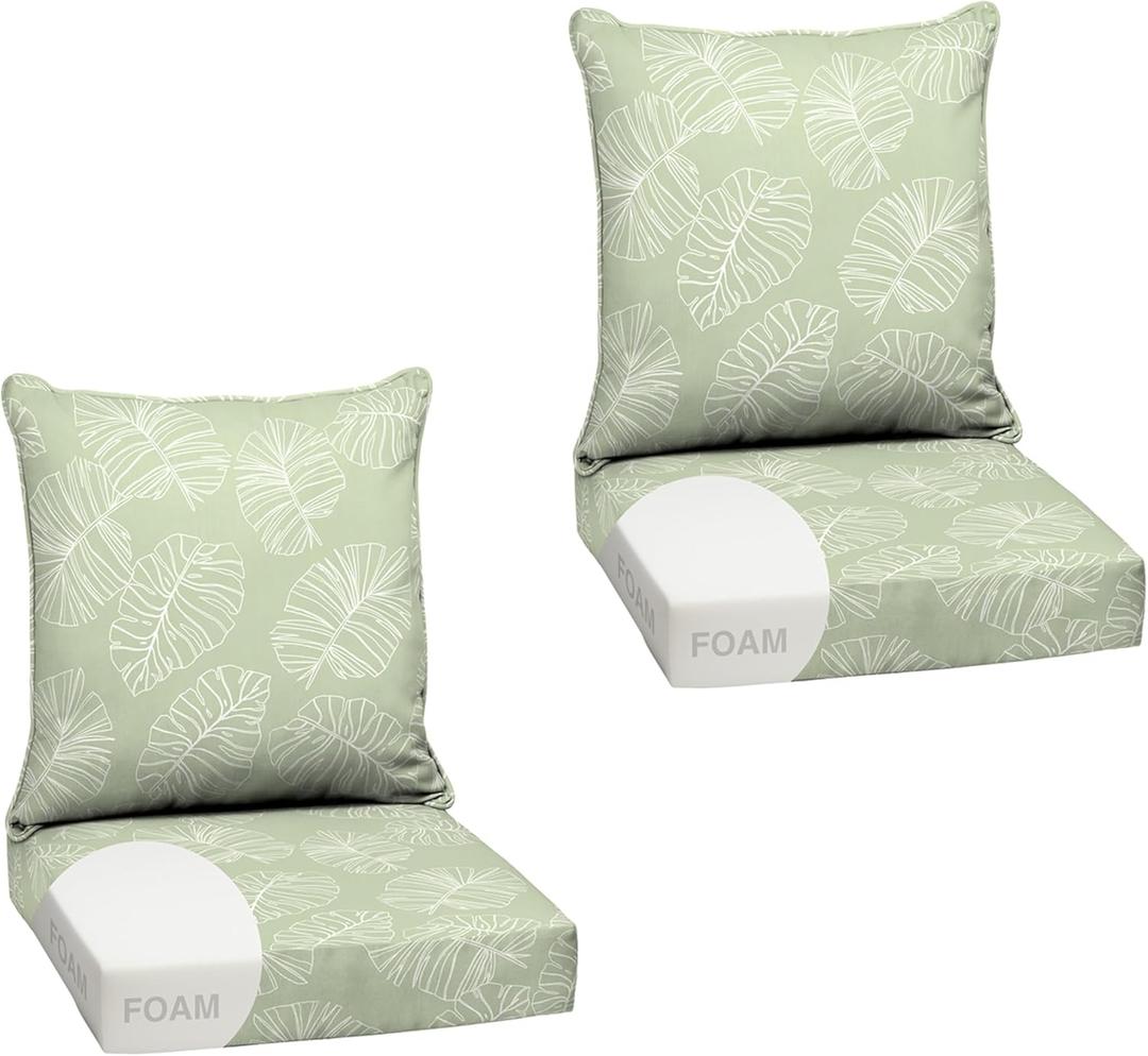 Arden Outdoor Foam Deep Seat Cushion Set (2-Pack), 24x24, Premium High-Density Foam, Never Flattens, Weather-Proof for Patio Chair Sofa Couch, Coastal Green Leaf