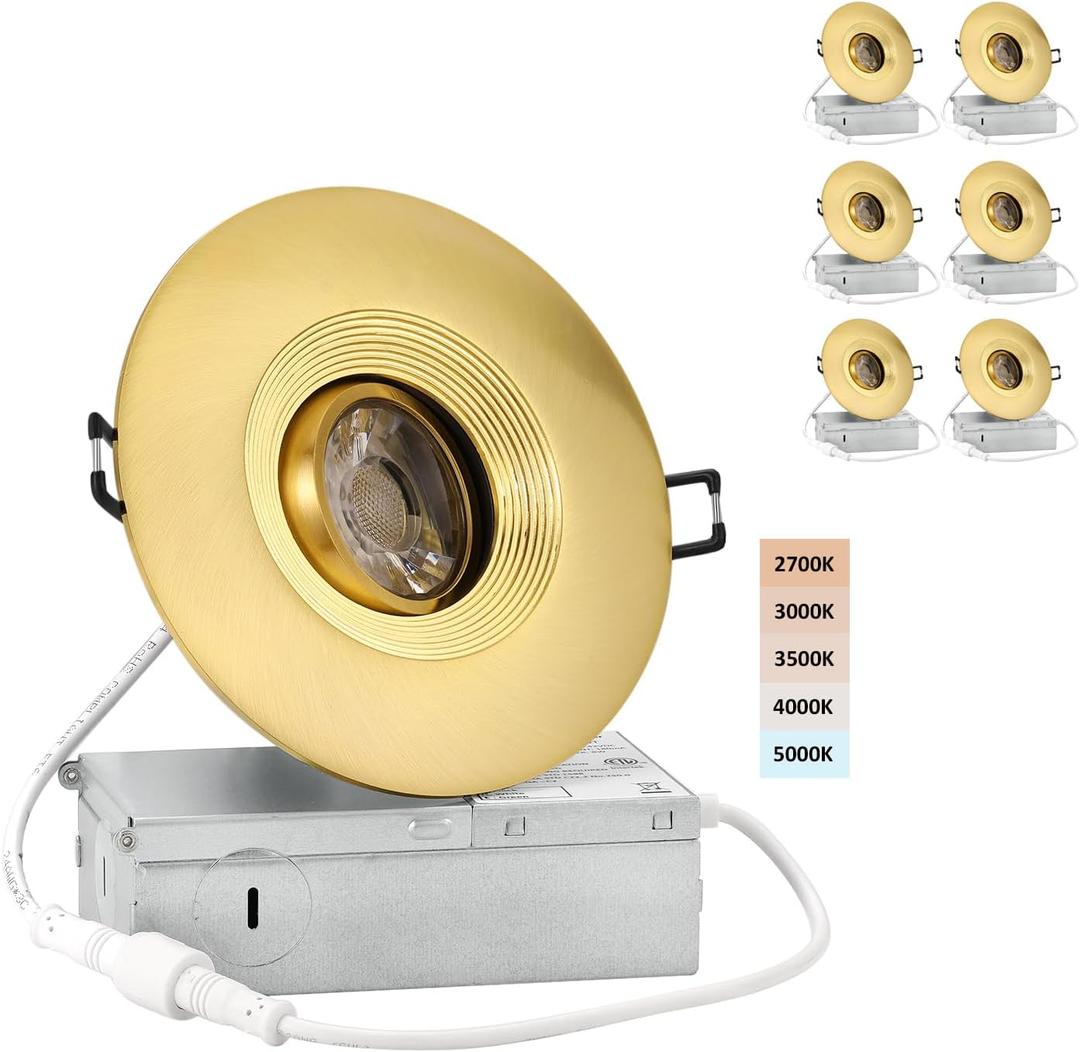 POPANU Premium 4-inch LED Recessed Lights - 5 CCT 4 Inch Eyeball Ceilling Gimbal Potlight, Dimmable Recessed Lights Fixture with Junction Box, 8W CCT Adjustable, Shiny Gold, with Baffle, 6P