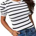 Avanova Women Striped Puff Sleeve Short Sleeve Tops Sweater Ribbed Knit Casual Shirts Blouse White Striped X-Large