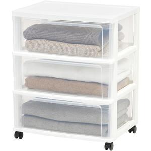 IRIS USA Plastic Drawer Storage Organizer Rolling Cart, with Wheels Casters, 3-Drawers, for Art Craft Supplies Bathroom Dorm Bedroom Laundry Room, Wide, White