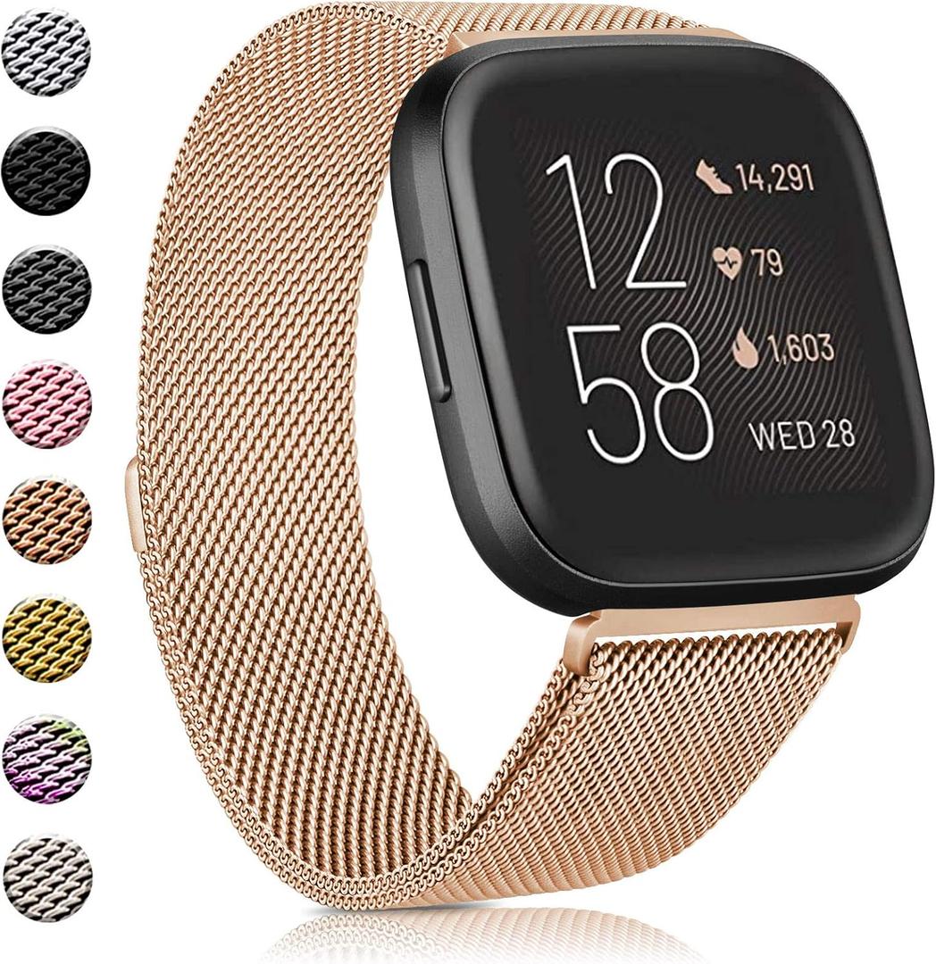 Amzpas Bands Compatible with Fitbit Versa, Breathable Stainless Steel Loop Mesh Magnetic Adjustable Wristbands for Women & Men (Small, .Rose gold)
