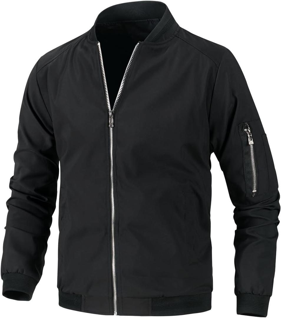 Mens Lightweight Bomber Jacket Casual Windbreaker Zip Up Coat with Pockets for Spring Fall (Black, S)