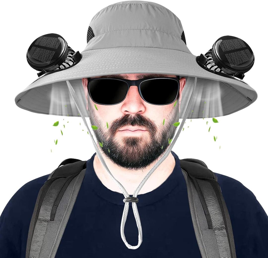 Solar Fan Hat for Men, Wide Brim Solar Fan hat,hat with Solar Fans Built in, Outdoor hat with Fans (XX-Large, Gray)