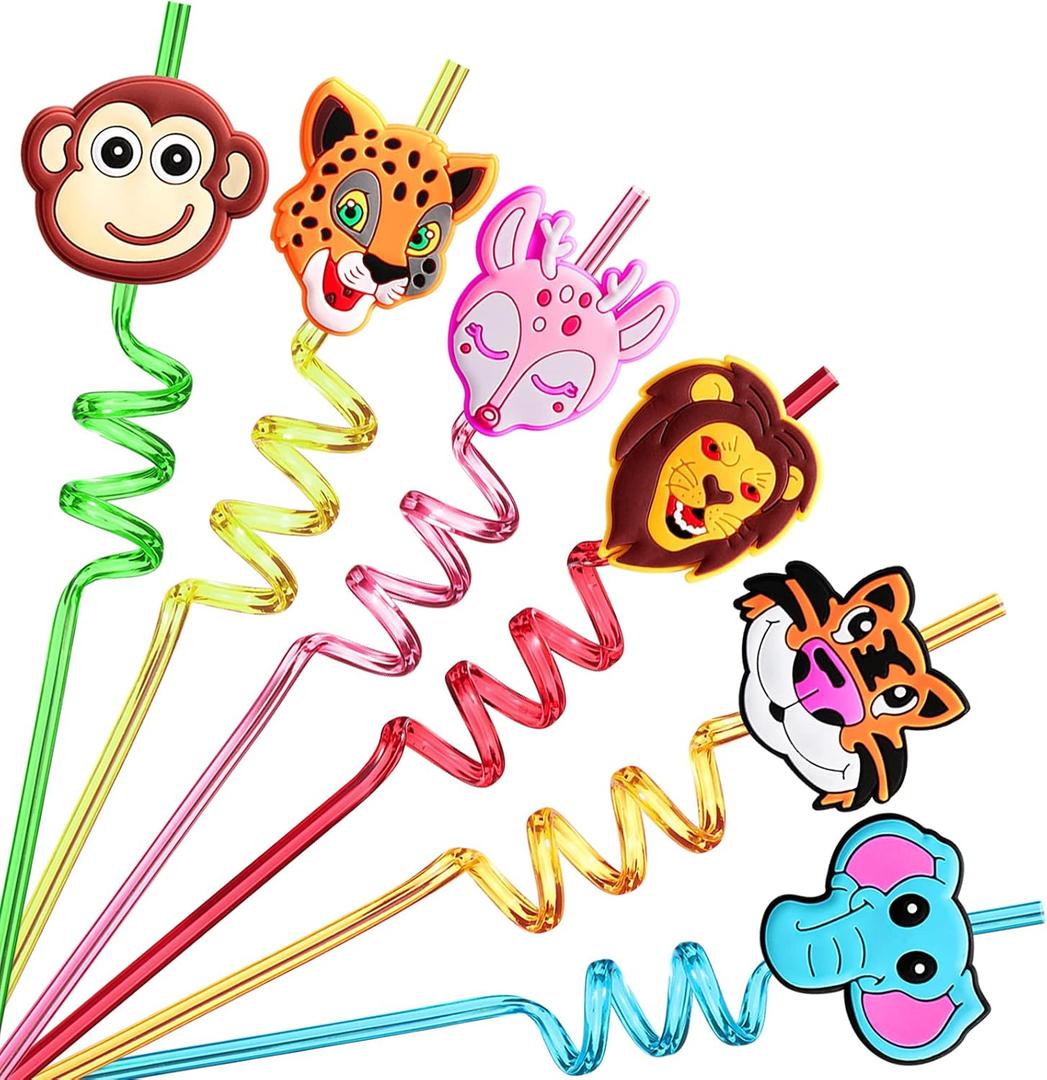 3 x 24 Reusable Jungle Animal Straws for Lion Fox Safari Party Supplies Favors,Woodland Birthday Party Supplies Gift with 2 Cleaning Brushes