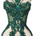 Handmade Crystal on lace Applique Sewing Rhinestones Fringe Beads Sequins Patches Trim Luxury Decoration Accessories for Wedding Dress 15X23.6inches (Deep green)