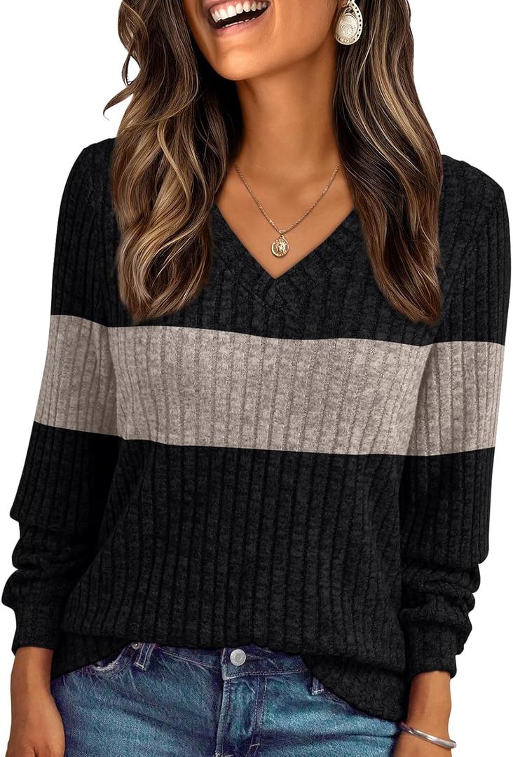 AUTOMET Womens V Neck Long Sleeve Shirt Fall Fashion Tops Tunic Dressy Casual Sweater Clothes Cute Trendy Work Outfits 2025 (Large, Black Coffee Block)