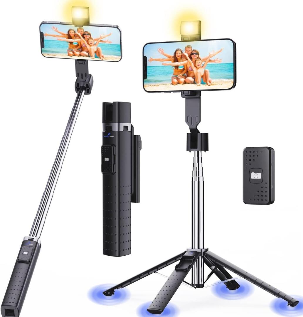 Ambertronix 40 Selfie Stick Tripod Quadrapod, Onboard Light, Wireless Bluetooth Remote, Extendable, Stainless Steel, 3 Light Modes, 9 Brightness Levels, Compatible with All iPhone & Android Devices (Black)