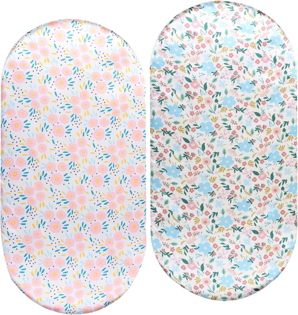 Bassinet Sheet Set 2 Pack Satin Ultra Soft Silk Fit for Rectangle, Hourglass, Oval Bassinet Mattress Protect for Baby Hair and Skin Cradle or Bassinet Sheets, Floral & Floral