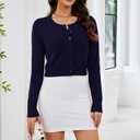 Naggoo Women's Cropped Cardigan Bolero Shrug Button Down Long Sleeve Knit Sweater (Blue, XXL)