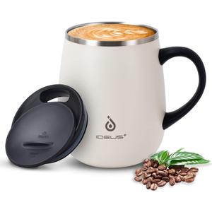 Ideus 16 oz (470 ml) Insulated Coffee Mug with Handle and Lid, Double Wall Stainless Steel Vacuum Thermal Coffee Mug, Travel Coffee Cup Thermal Cup for Home and Office (Snow Mountain White)