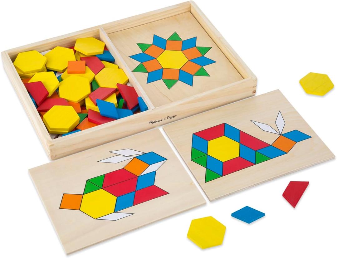 Melissa & Doug Pattern Blocks and Boards with 120 Multi-Colored Wooden Shape Tiles, 5 Double-Sided Puzzle Boards, Tangram Puzzles, Montessori Toys for Girls & Boys