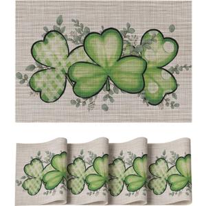 Artoid Mode Shamrock St. Patrick's Day Vinyl Placemats Set of 4, 12x18 Inch Washable Heat Resistant Plastic Place Mats for Party Dining Table Decor