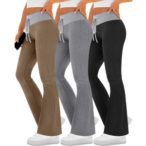 Velvelhall 3 Pack Women's Flare Leggings Ribbed Knit Color Block Yoga Pants Bootcut Sweatpants Stretchy Bell Bottoms(Black, Dark Gray, Coffee, Medium)
