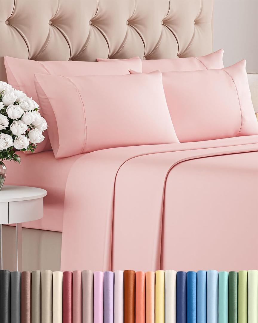 Queen 6 Piece Sheet Set - Comfy, Breathable & Cooling - Hotel Luxury Bedding for Women, Men, Kids, Teens & Children - 1 Flat & 1 Fitted Sheet & 4 Pillowcases w/ Deep Pockets - Wrinkle Free - Baby Pink