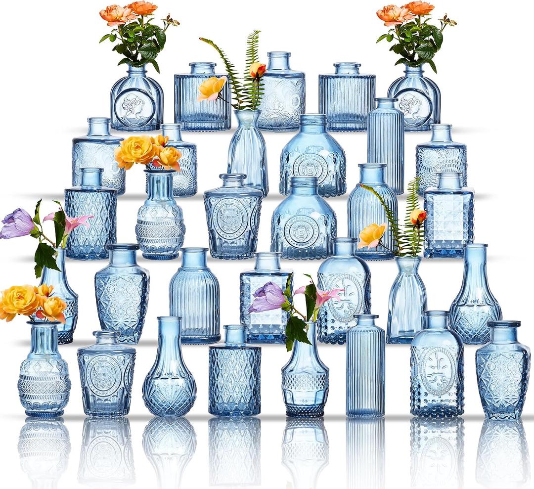 Glass Bud Vases Set of 32 - Blue Assorted Small Mini Glass Vases for Flowers, Crystal Vintage Vase Set, Bulk Centerpieces for Table Dcor, Wedding, Home and Events (Blue, 32 Pcs)