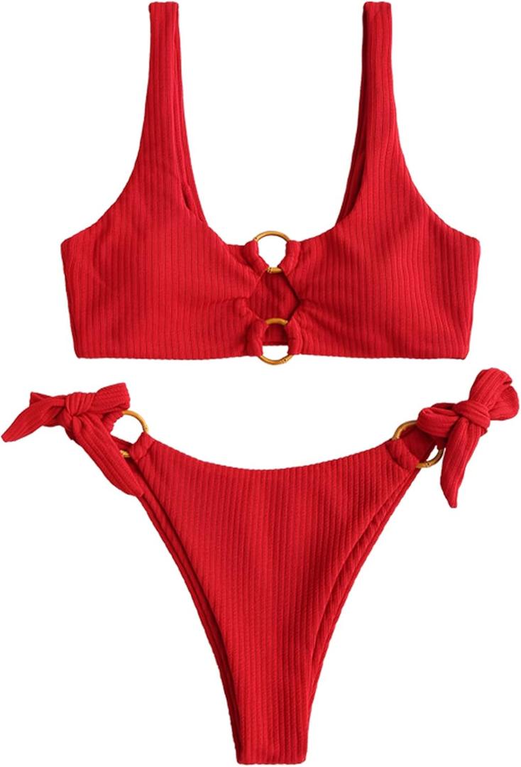 ZAFUL Women's Ribbed O-Ring String Bikini Swimsuit Cheeky Thong Swimwear Two Pieces Bathing Suit (34_red), Small