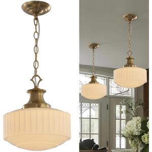 Vintage Milk Glass Pendant Light, 10.6" White Pleated Glass Chandelier, Brass Pendant Lights Kitchen Island Light Fixtures, for Dining Room, Hallway, Bar Counter, Foyer, E26 Bulb Included, 10.6In