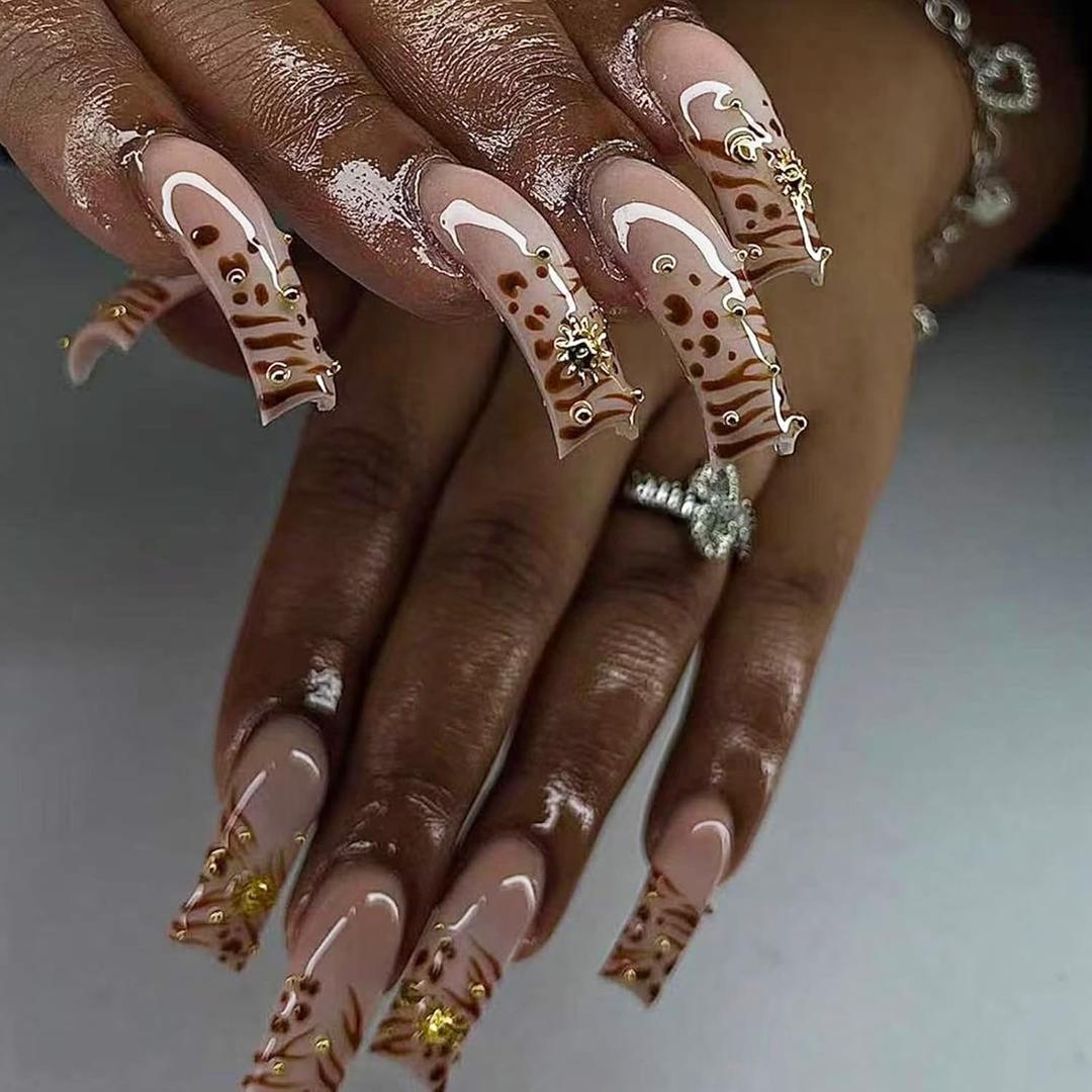 IMSOHOT Curved Press on Nails Long Square Fake Nails with Leopard Print Design Gold Beads, Nude White Gradient False Nails Glossy Full Cover Extra Long Glue on Nails for Women (77B-0002White&Brown)