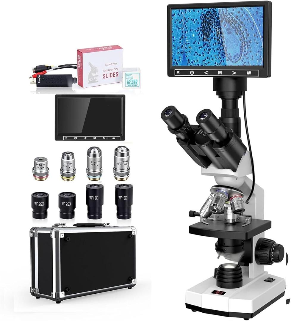 Microscope for Adults with 40X-2500X Magnification, Lab Trinocular Compound Microscope with Thermostat Stage, 7'' LCD Screen, Built-in 5MP Camera for Lab School (Constant Temperature)
