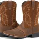 Rollda Leather Cowboy Boots for Men Western Boots Square Toe Chunky Heel Mid-Calf Boots Classic Embroidered with Pull On Tabs (13, Dark Brown)