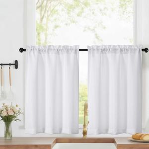 LIVEKID White Short Kitchen Curtains 36 Inch Length Tier Curtain 2 Panels - Faux Linen Textured Cafe Curtain, Light Filtering Small Windows Curtains for Bathroom Basement, 30" W x 36" L