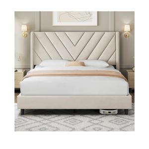 Yaheetech Queen Bed Frame Upholstered Platform Bed with Wing Side/Wooden Slat Support/Tufted Headboard with Wing Side/Mattress Foundation/No Box Spring Needed, Beige Queen Bed