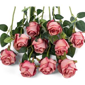 10pcs Artificial Rose Flowers Long Stem Fake Silk Roses for DIY Wedding Bouquet Table Centerpiece Home Decor (Rose Red)
