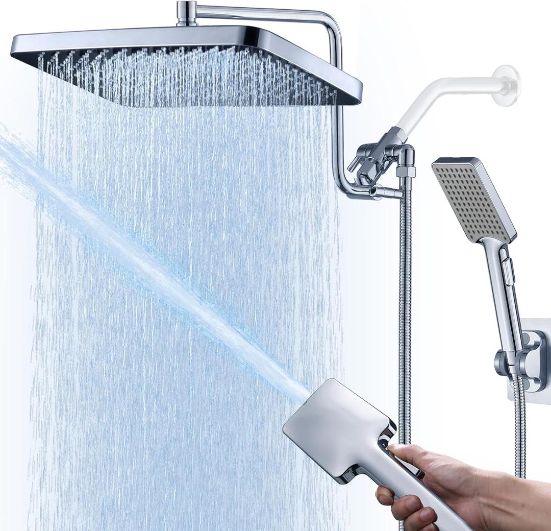 Polished Chrome 13 Inch Shower Head Combo - High Pressure Waterfall Rain Shower Head With Handheld Spray, 12 Inch Extension Arm