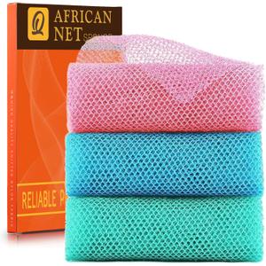 UJFQBH 3 Pieces African exfoliating net African Net Long Net Bath Sponge Exfoliating Shower Body Scrubber Back Scrubber Skin Smoother, Great for Daily Use (Pink, Blue, Green)