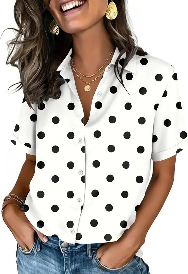 Zeagoo Button Down Shirts for Women Short Sleeve Collared Tops Dressy Casual V Neck Blouses XL