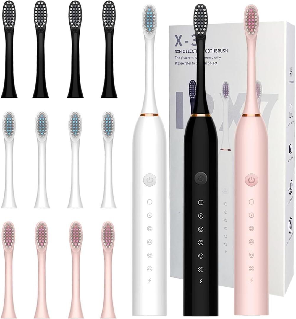 3 Pack Electric Toothbrush with 6 Modes, Rechargeable Toothbrushes with 12 Brush Head, Fast Charge 2 Min and 30s Timer Toothbrush