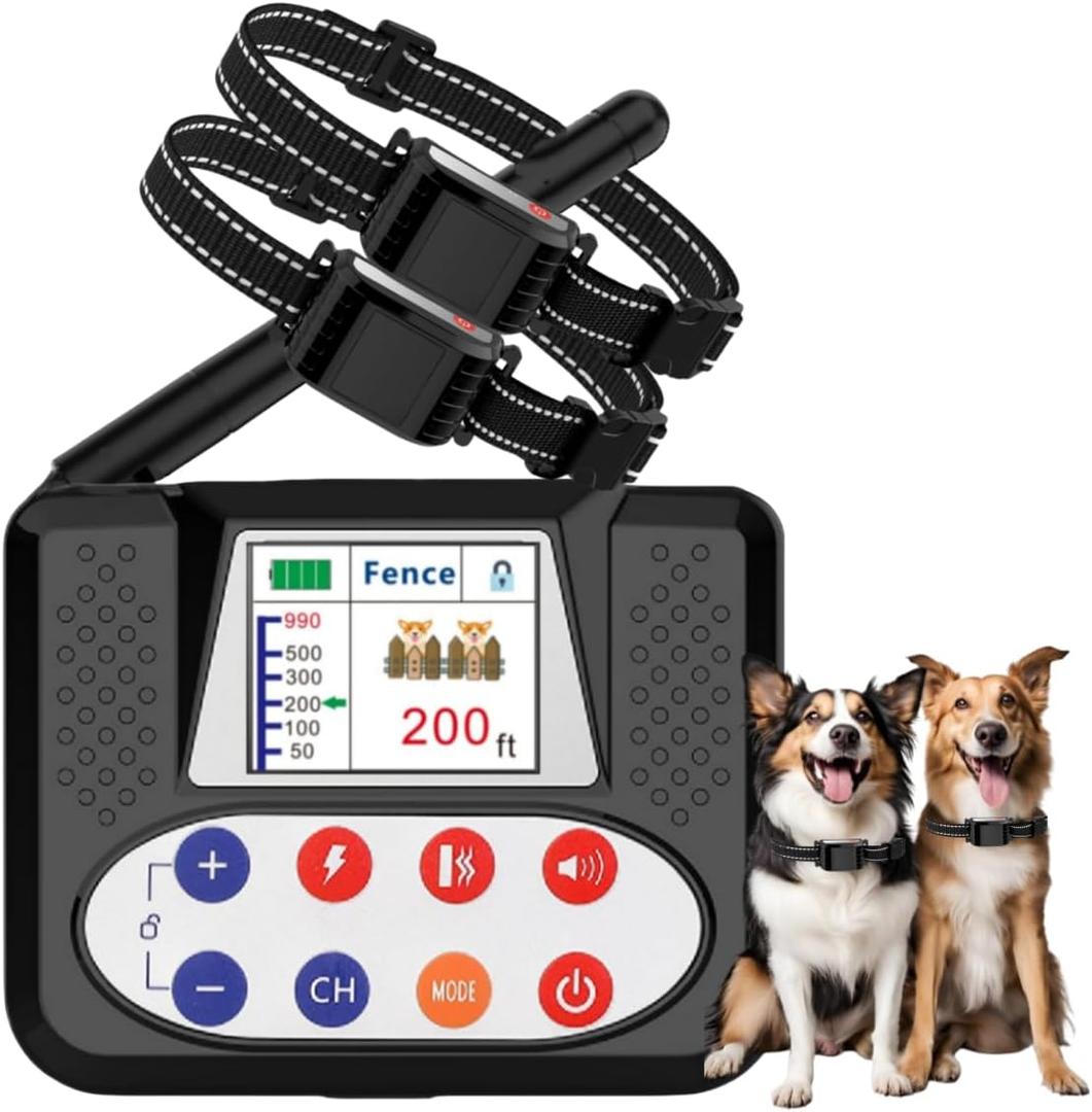 Wireless Dog Fence System, Electric Fence with Big LCD Color Screen, Portable Wireless Pet Fence with Remote Training Collar, Dog Perimeter Fence, Adjustable Suitable for All Dogs (for 2 Dogs)