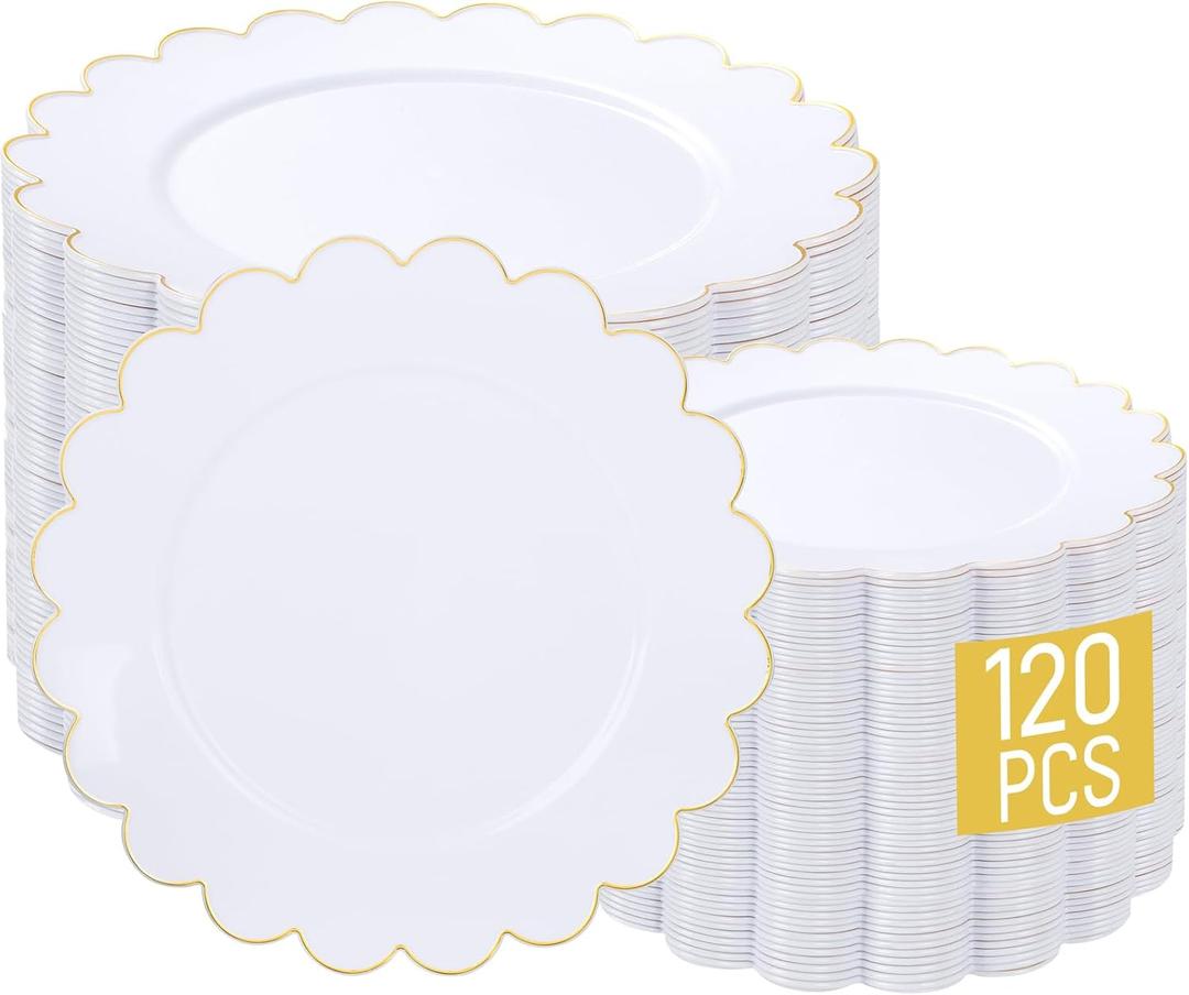 LIYH 120 Pcs White Plastic Scalloped Plates - Gold Fancy Disposable Plastic Plates Includes 60 Dinner 10.25" & 60 Dessert Plate 7.5" Elegant Gold Rim for Party Birthday Valentines Day