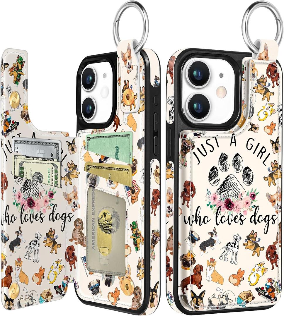 Shorogyt Compatible with iPhone 12 Wallet Case with Card Holder - Designer Dogs Lover Girl Pattern Kickstand Magnetic Clasp Back Flip Folio Leather Phone Covers for Women Men Girls