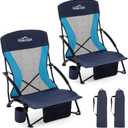 Homcosan Portable Low Folding Beach Chairs Set of 2 - Lightweight Camping Chairs for Adults with Cup Holder & Storage Pockets, Carry Bag Included (Navy & Blue)