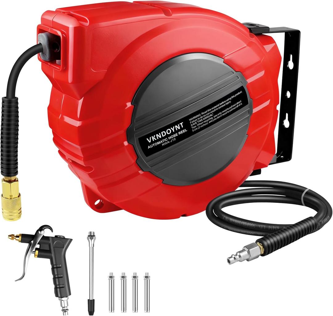 Vkndoynt Retractable Air Hose Reel, 1/4 IN x 50 FT Hybrid Polymer Hose, Auto Rewind, Wall Mount, Dark Gray/Red