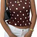 BEAUDRM Women's Polka Dots Tank Top Y2k Ruched Crewneck Sleeveless Ruffle Fitted Cropped Shirt (Brown), Small