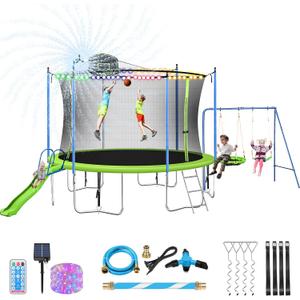 Lyromix 12-14FT Trampoline With Slide, Swings, Basketball Hoop and Ladder - ASTM Approved Outdoor Backyard Recreational Equipment With Net, Capacity for 5-7 Kids and Adults