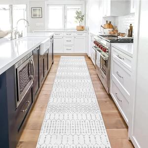 Lahome Moroccan Kitchen Runner Rugs Non Skid Washable - 2'x10' Non-Slip Extra Long Rug Runner for Hallways, Modern Geometric Print White Soft Floor Carpet for Bathroom Entryway Foyer