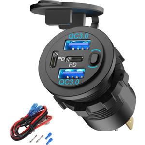 78W 4 Port 12V USB Outlet Car Charger, Super Fast Dual PD3.0 & QC3.0 Multiple USB Port for Car, USB C Cigarette Lighter Replacement 12 Volt Socket Waterproof for Marine Boat Motorcycle RV Golf Cart