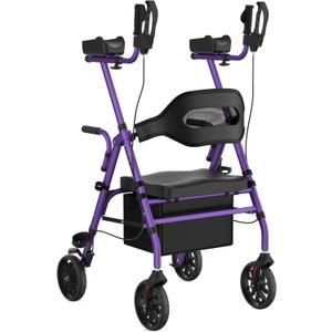 Upright Rollator Walker, Heavy Duty Stand Up Walkers for Seniors with Seat and Reversible Backrest, Foldable Standing Rollator with 8" Anti-Slip PU Wheels, Purple